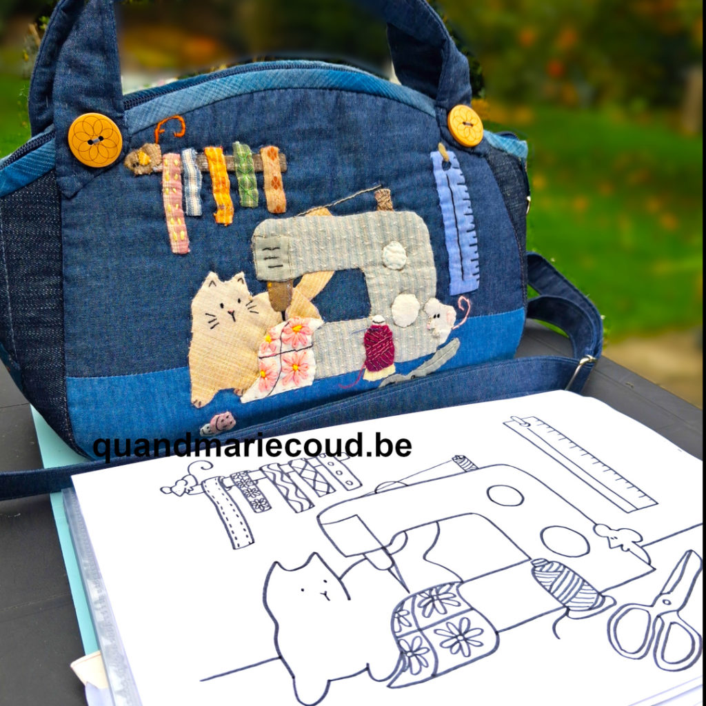 sac chat et machine à coudre en appliqué traditionnel
